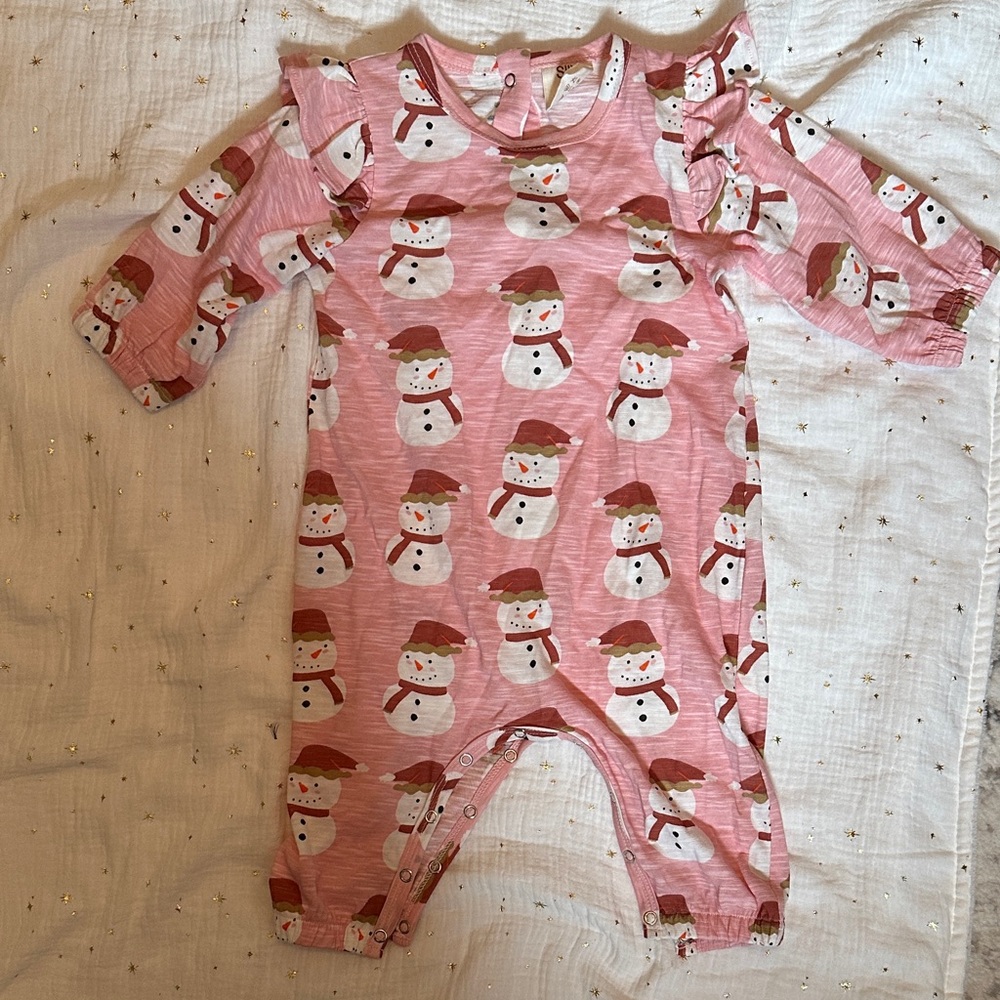 Charming Snowman Print Pink Kids Footie